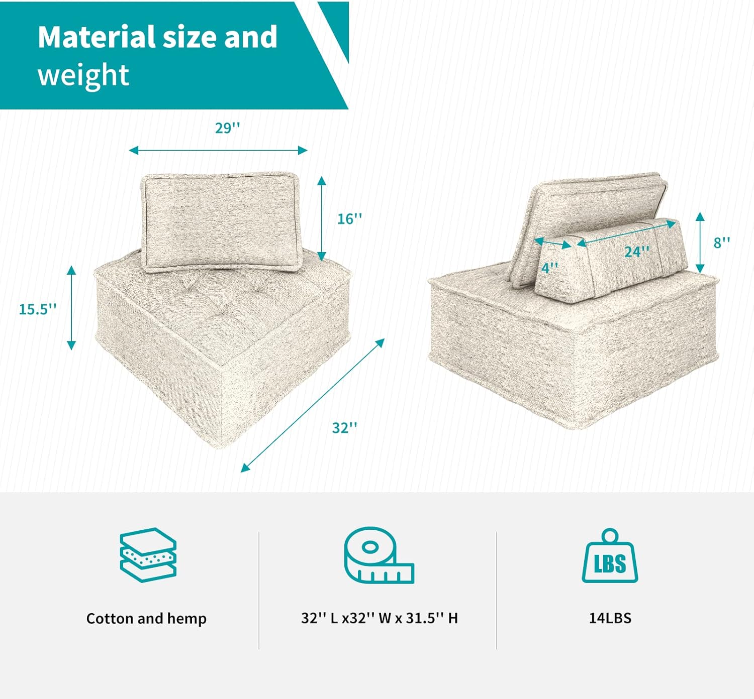 BALUS Sectional Sofa Couch, Modern Floor Sofa Couch with Soft Fabric, Armless Design for Living Room, Bedroom, Free Combination,4 PCS Beige