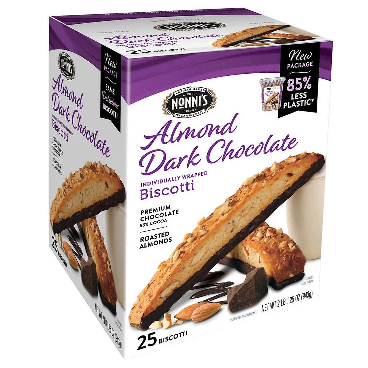 Nonnis Biscotti Almond Dark Chocolate 1.33 Ounce (25 Count)