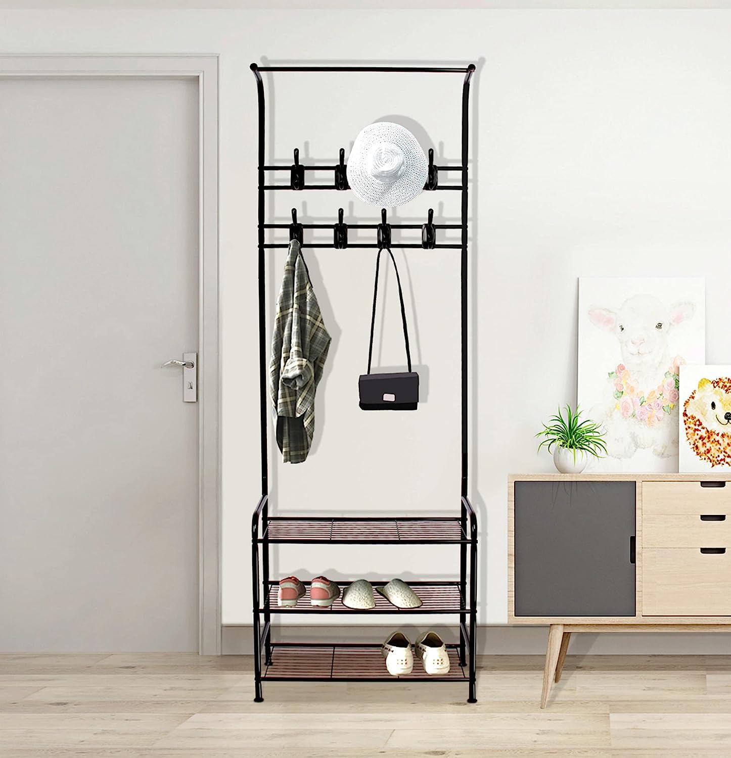 Bigzzia Entryway Coat Rack with Shoe Storage, 3-in-1 Metal Hall Tree with 3-Tier Shelf and 16 Removable Hooks, Freestanding Coat Shoe Rack for Clothes Shoe Hat Bag Umbrella, Black