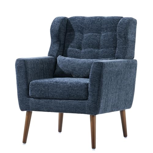 Modern Accent Chair with Waist Pillow,Thick Sponge Wingback& Wood Legs,Comfy Chenille Reading Chair& Upholstered Lounge Armchair for Living Room,Bedroom,Office (Grey)