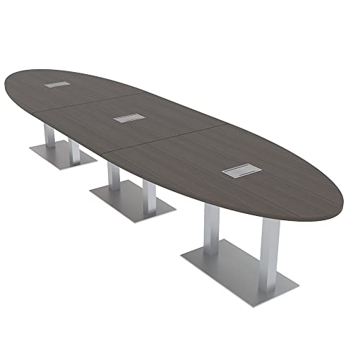 12 Person Modular Conference Table with Square Metal Bases | Oval Meeting Table | Harmony Series | 14' | Black Oak