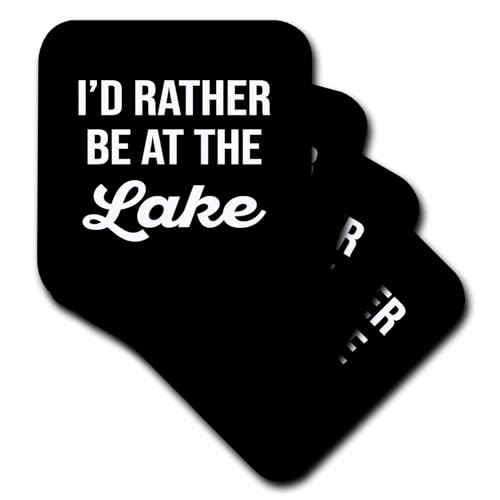 Set of 8 Ceramic Tile Coasters - Id Rather be at The Lake. White Lettering on Black Background. Stamp City - Typography