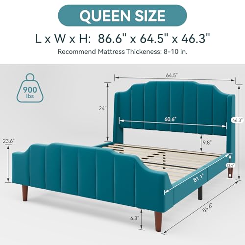 HOOMIC Queen Size Upholstered Velvet Bed Frame with Curved Vertical Wingback Headboard and Footboard, Solid Wood Slats Support, No Box Spring Needed, Easy Assembly, Navy Blue