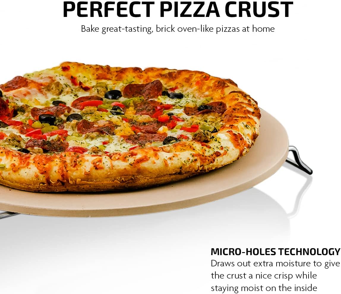 OVENTE Ceramic Flat 13 Inch Pizza Stone Set with Crust Cutter Wheel & Metal Rack/Handle, Compact Easy Storage Portable Baking Grilling Stone Thermal Shock Resistance for Oven Grill BBQ, Beige BW10132