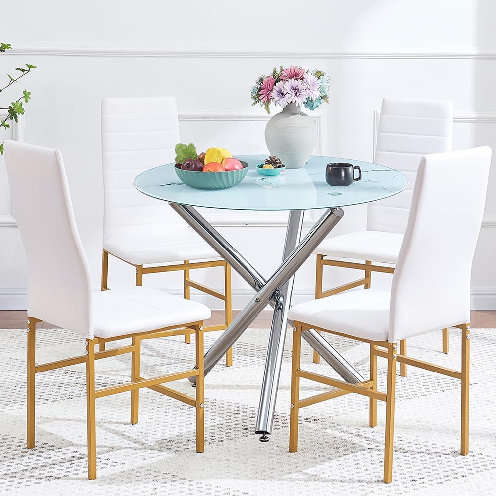 Dining Set for 4, Round Glass Dining Table with 3 Legs and 4 Metal Chair for Home Office Kitchen Dining Room 35.43