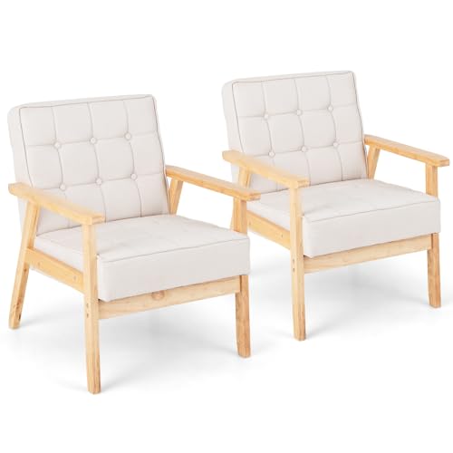 GOFLAME Mid-Century Modern Accent Chair, Upholstered Armchair with Rubberwood Armrests, Button Tufted Back and Seat Cushion, Fabric Reading Chair, Leisure Chair for Living Room, Bedroom, Beige