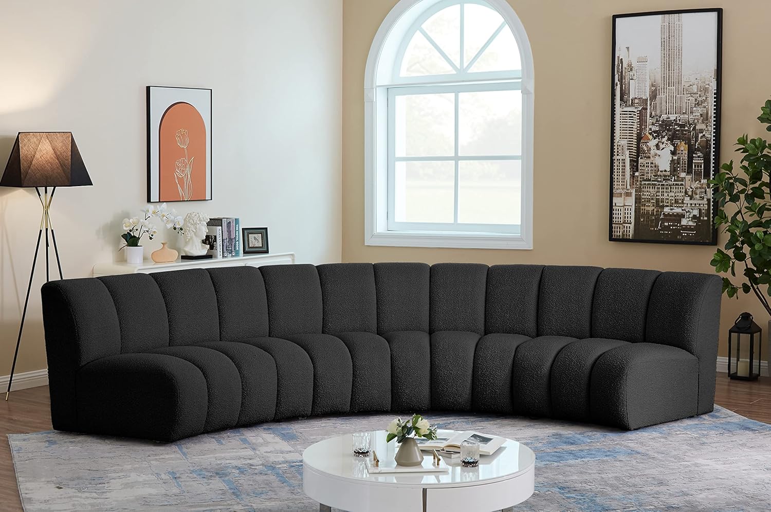 Meridian Furniture Infinity Collection Modern | Contemporary Upholstered Modular Sectional with Soft Boucle Fabric and Deep Channel Tufting, 148