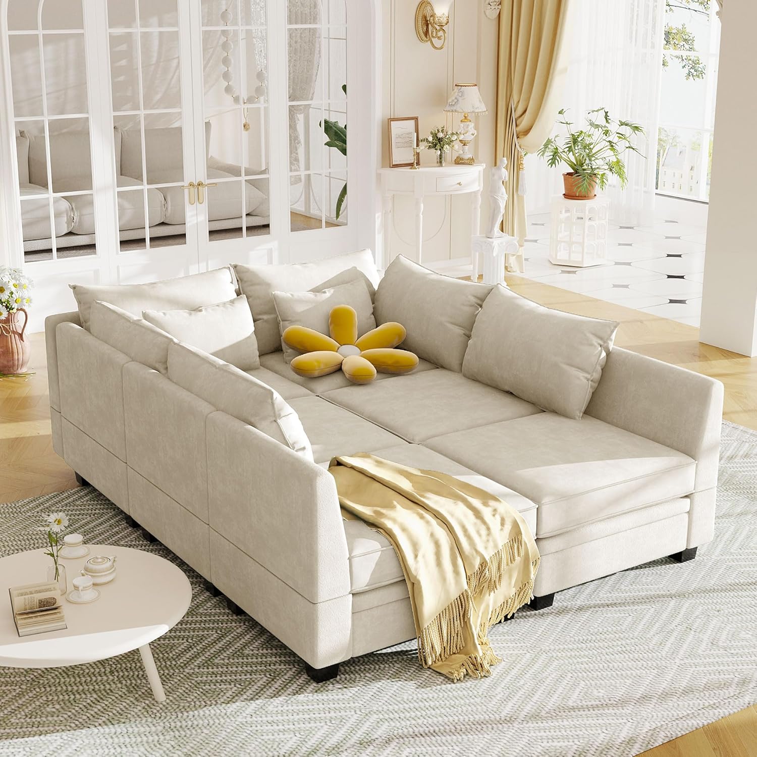 Modular Sectional Sofa Couch, Modern Linen Sleeper Sofá with Oversized Reversible Storage, Comfy & Extra Deep Seats, for Living Room, Office, Beige