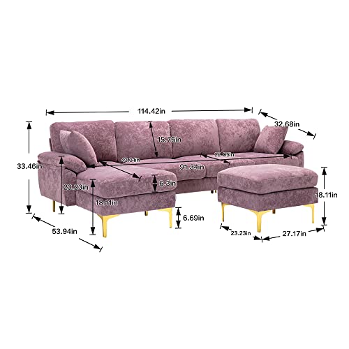 Modern Sectional Sofa L/U Shaped Couch with Extra Wide Chaise Lounge and Gold Legs Upholstered Modular Convertible Sofá Living Room Furniture for Home Office Living Room (Purple)