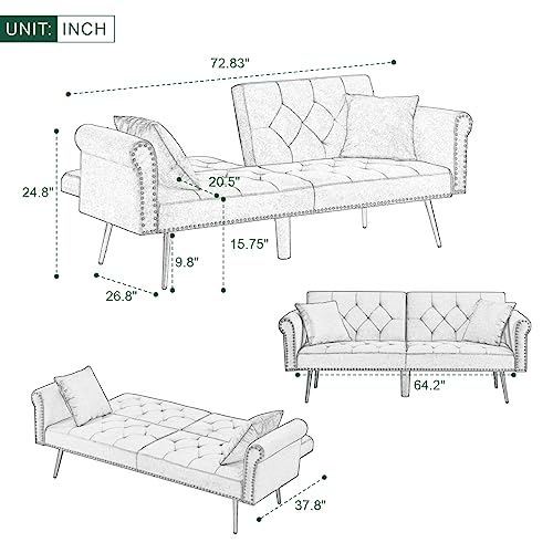 Velvet Futon Sofa Bed, Convertible Folding Sleeper Couch with 2 Pillows, 73
