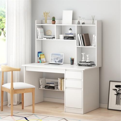 NIUYAO Integrated Storage Desk with Hutch, Bookshelf and Cable Management Modern Writing Table Shelves Work Desk PC Table Home Office Corner Study Desk Without Chair (White, 47