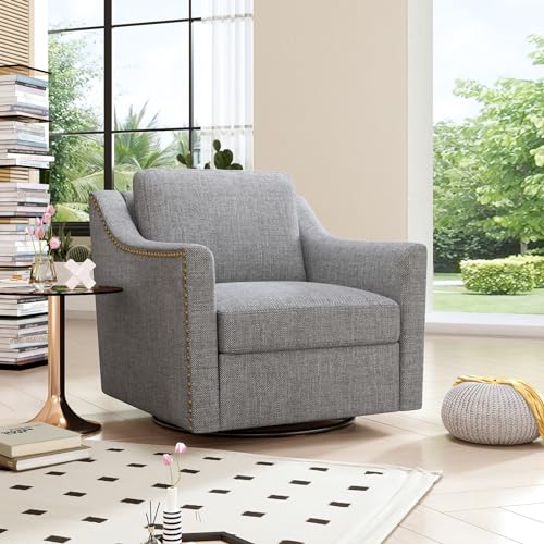 Cotton Linen Fabric Upholstered 360° Swivel Accent Chair Armchair with Rivets，Square Club Sofa Rocking Chair with Metal Base, Barrel Chairs for Bedroom Living Room Office (white)