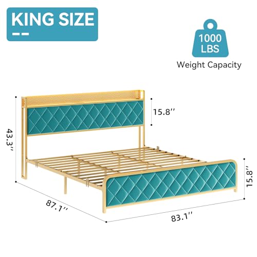 King Size Bed Frame, Velvet Upholstered Platform Bed with Storage Headboard, LED Light Headboard, Charging Station, USB Ports & Outlets, Strong Frame and Slats Support, No Box Spring Needed