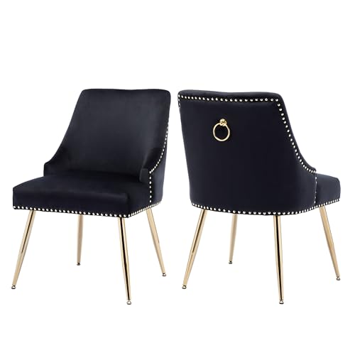Velvet Dining Chairs Set of 4, Upholstered Dining Room Chairs with Gold Legs, Modern Kitchen Chairs with Nailhead Tirm and Back Pull Ring, Blue