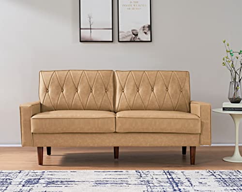 Modern Style Faux Leather Sofa with Elegant Round Tapered Legs and Button Tufted Backrest Perfect for Living Room, Bedroom or Home Office, 69.3’’ Wide, Brown