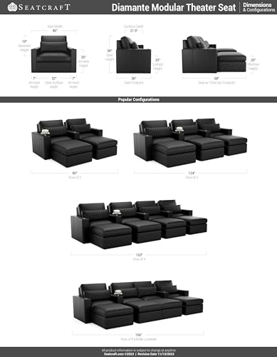 Seatcraft Diamante Stationary Row of 4 Middle Loveseat Sofa, Grade 7000 Leather, Living Room, Down Feather Lining, Strong Engineered Reinforced Wood Frame, Black