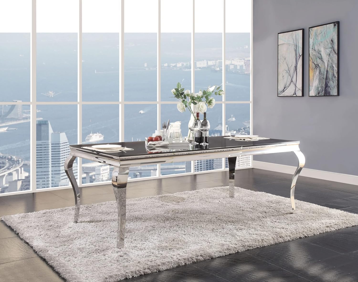 Fabiola Dining Table in Stainless Steel & Black Glass 62070