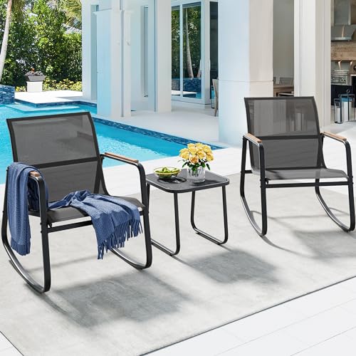 YITAHOME 3 Piece Rocking Bistro Set, Outdoor Patio Furniture Set with Wooden Armrests, Porch Chairs Set with Glass Table for Lawn, Garden, Balcony, Poolside, Dark Gray
