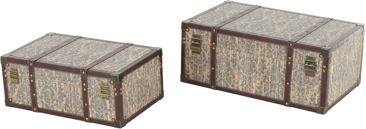 Deco 79 Wooden Floral Decorative Trunk Vintage Storage Decorative Large Boxes with Brown Leather Accents and Gold Studs, Set of 2 Storage Trunks 24