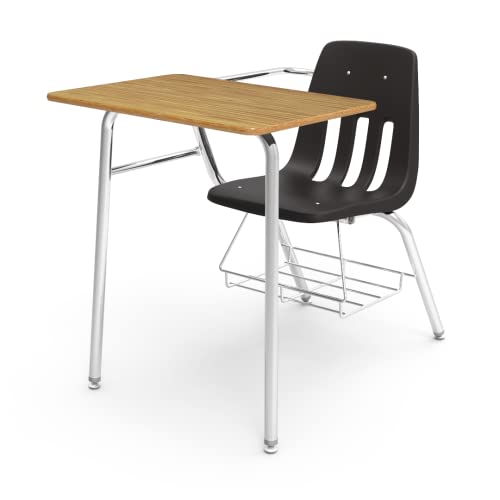 Virco 9400BR Classroom Combo Desk Chair, Ideal for Schools and Students from 5th Grade - Adult, Chrome Frame with Bookrack, Navy Seat - Medium Oak Top (10 Desks)