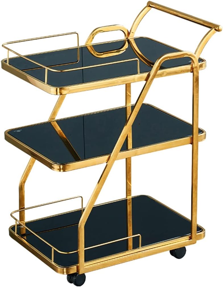 Bar Cart 3-Tier Drinks Trolley on Wheels Serving Bar Cart Trolley with Tempered Glass Shelves,Universal Casters with Brakes