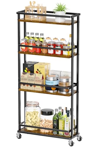 Slim Storage Cart 4 Tier Narrow Kitchen Rolling Cart on Wheels for Small Space, Mobile Spice Rack Seasoning Organizer Utility Serving Cart for Kitchen Bathroom Laundry, Black