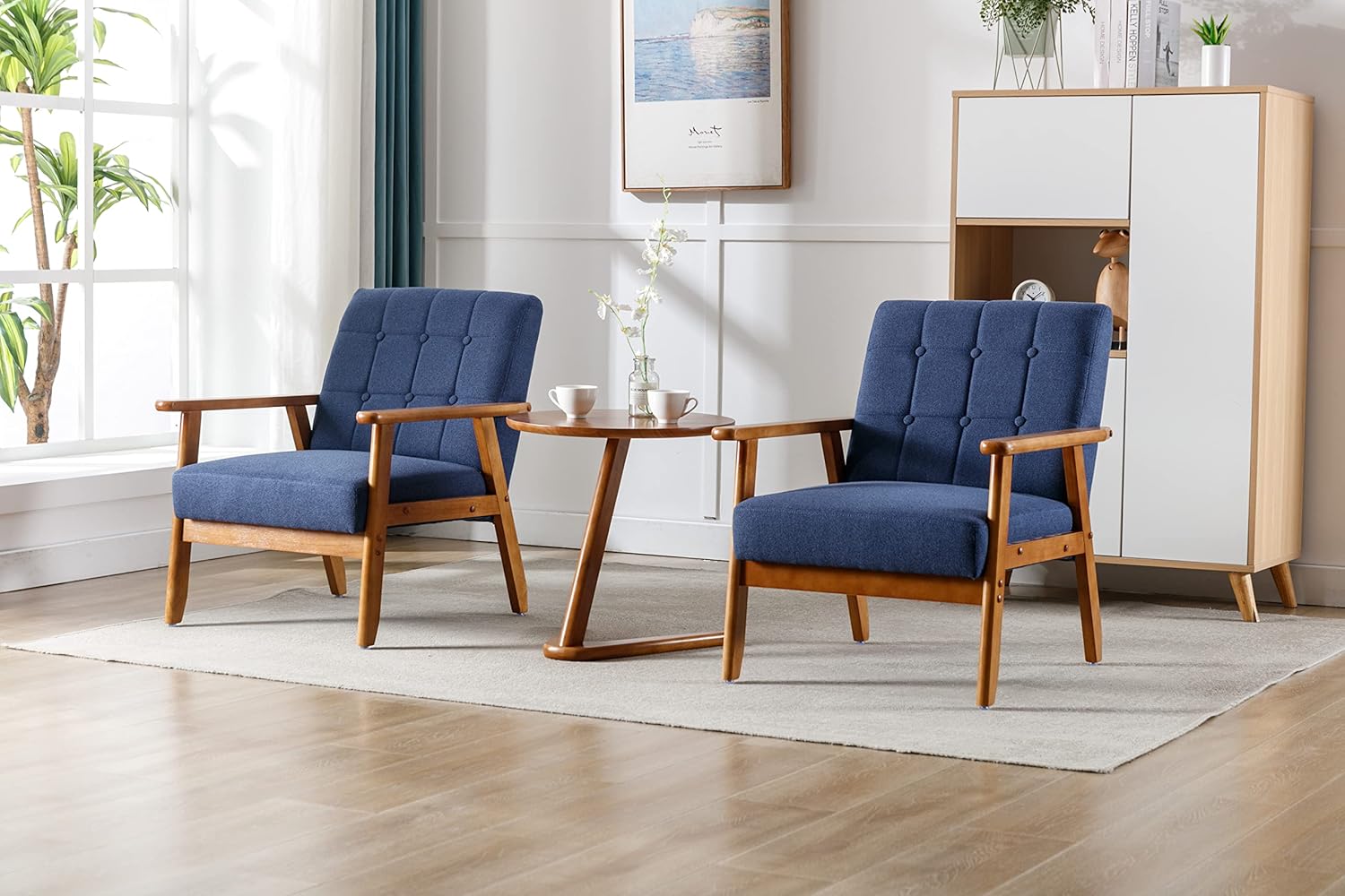 Accent Chairs Set of 2 with Side Table, Mid Century Modern Accent Chair, Wood and Fabric Armchairs Side Chair, Lounge Reading Comfy Arm Chair for Living Room, Bedroom, Office (Navy)
