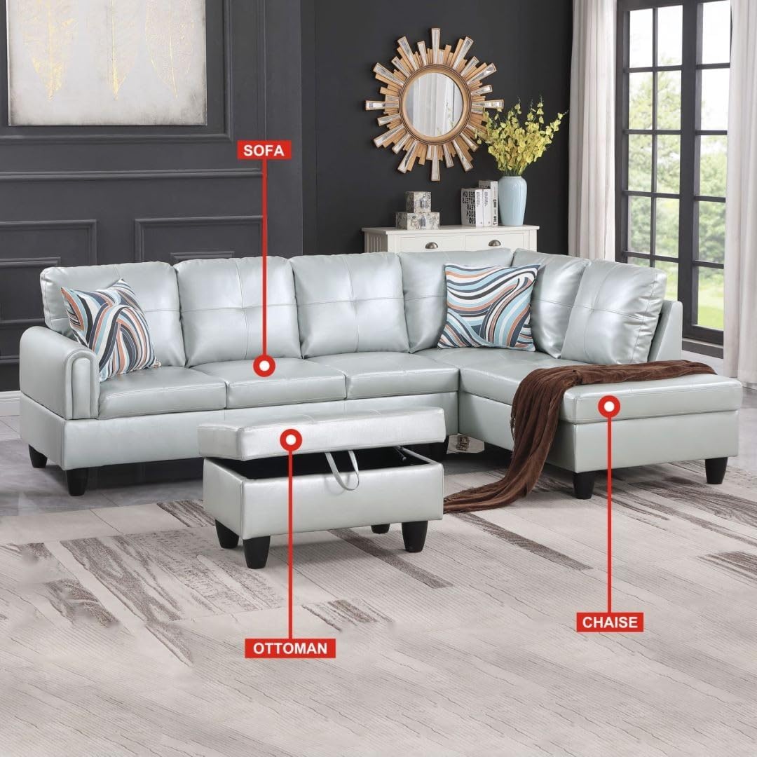 3-Piece L-Shaped Sectional Couches Lounge & Storage, 97.5'' Linen Modular Living Room Home Office, 3pcs 97'' Sofa+66.5'' Chaise+28.5'' Ottoman(Right), Silver Green Faux Leather