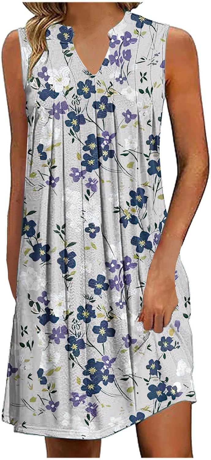 Women Casual A-Line Dress with Pockets 2024 Summer Sleeveless V Neck Tshirt Dress Loose Pleated Flowy Work Office Dress