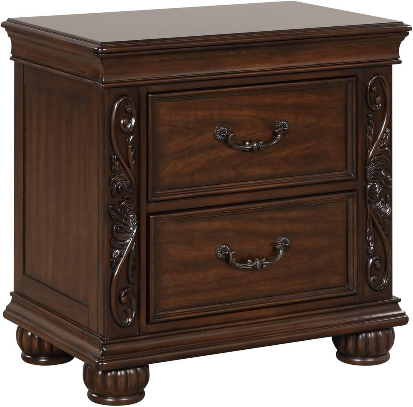 Benjara BM309533 27 in. Akil 2-Drawers Floral Carved Classic Wood Nightstand Cherry Brown