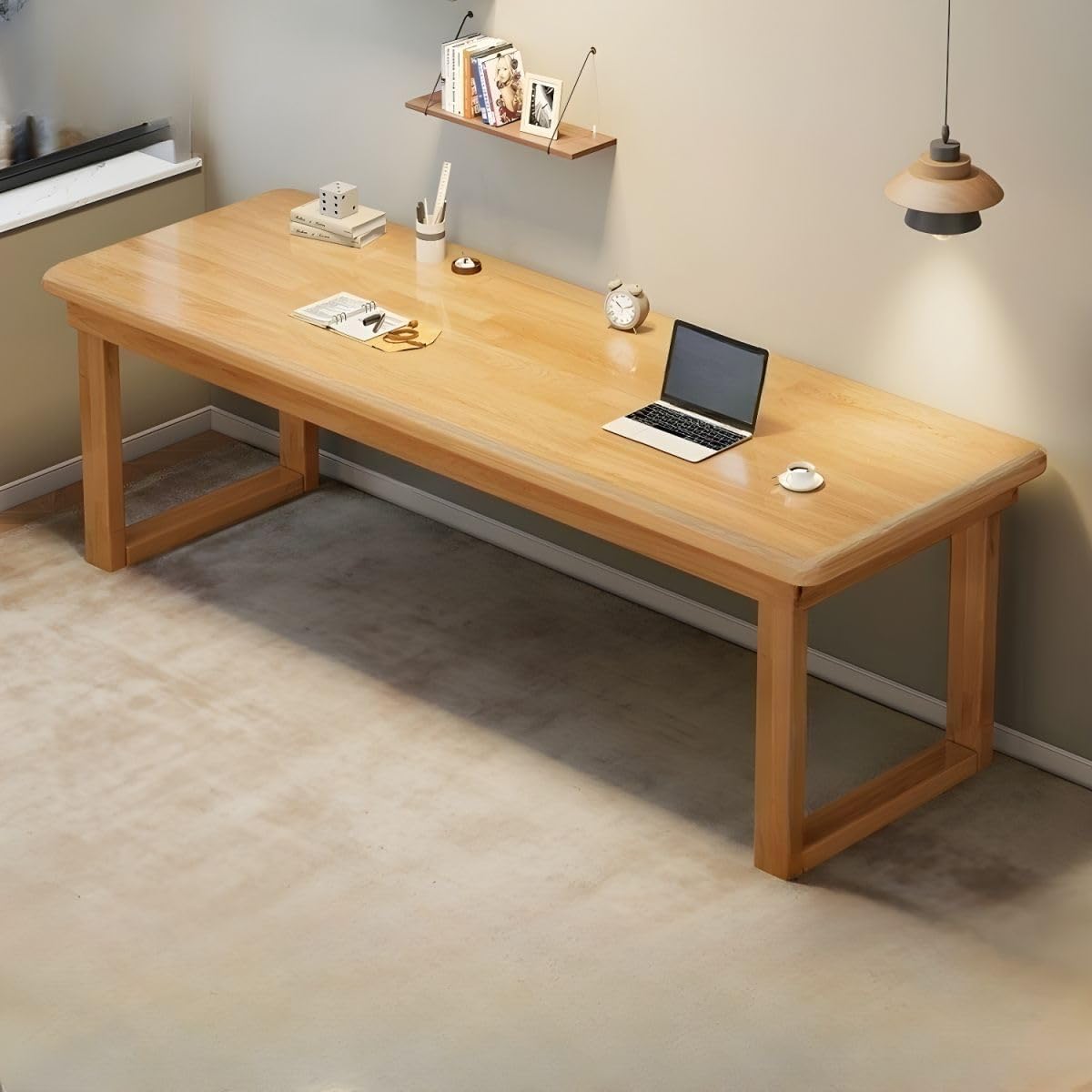 Simple Wooden Writing Desk Modern Computer Desk 55.1 Inch Office Desk with Solid Wood Legs for Home Office Desk Workstation, Natural Color