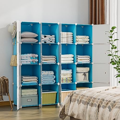 Closet Organizer, 16-Cube Storage with Doors, Closet Organizers and Storage, Portable Closet Storage System, Clothes Organizer Storage Shelf for Bedroom, Wardrobe, Blue