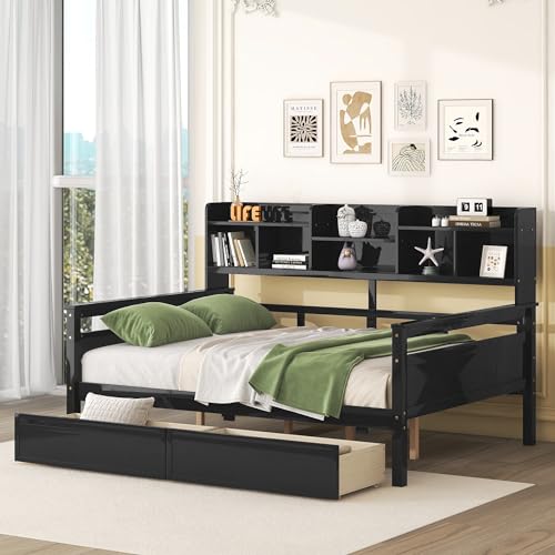 Twin Size Daybed with Storage, Wood Day Bed Frame with Bookcase Headboard and 2 Drawers, Wooden Sofa Bed with Shelves for Living Room Bedroom, No box Spring Need, Gray