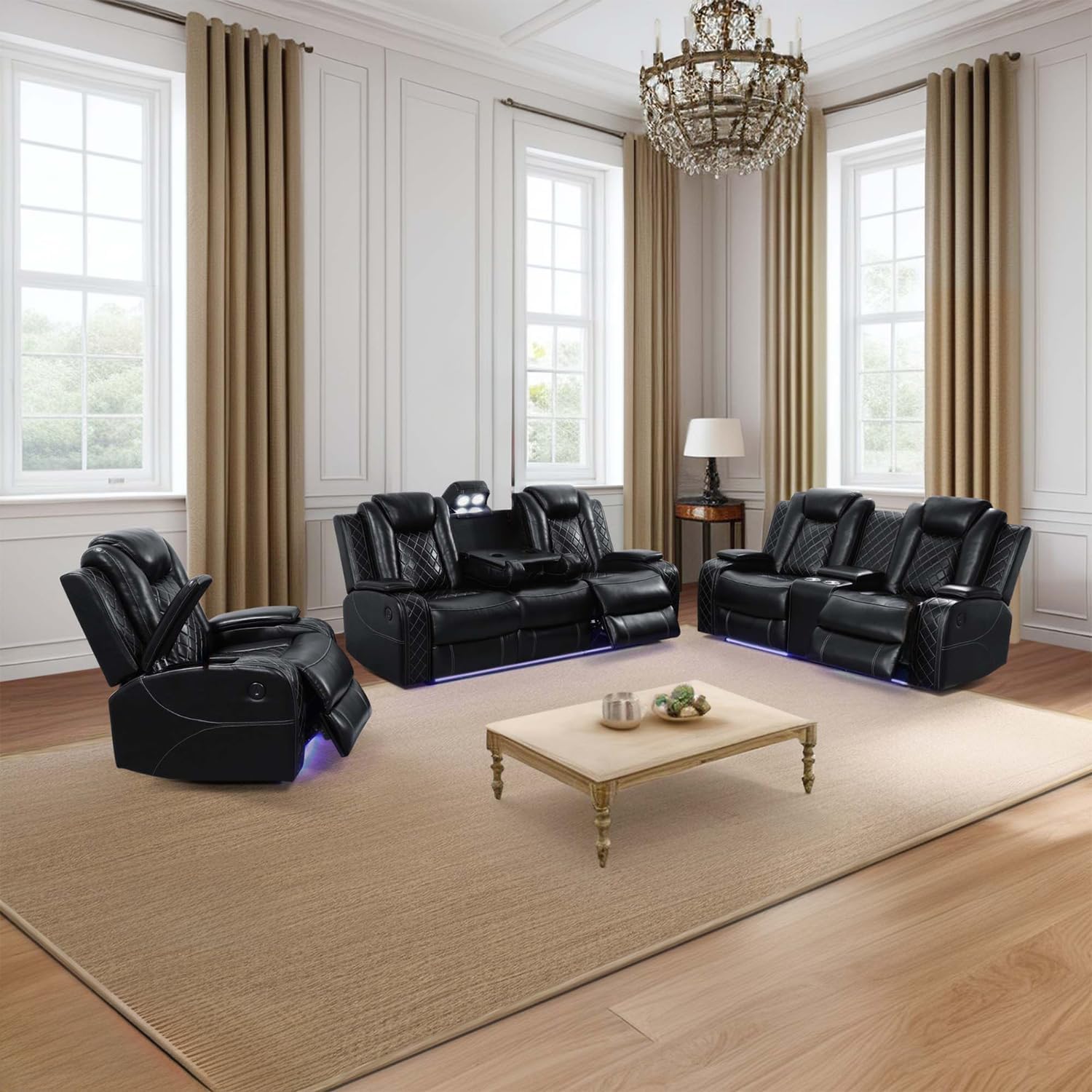 3 Pieces Power Sofa Set with LED Lights, Leather Living Room Furniture,Electric Adjustable Reclining Couch with Storage Console/Cup Holders/USB Port, Home Theater Seating Sofá, Black