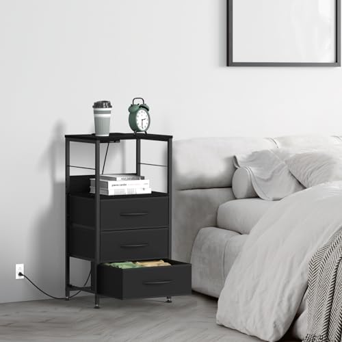 Tall Night Stand with Drawers, Black Nightstand with Charging Station End Table with USB Ports and Outlets Bedside Table with Fabric Drawers 5 Tier Side Table for Bedroom, Living Room, Office
