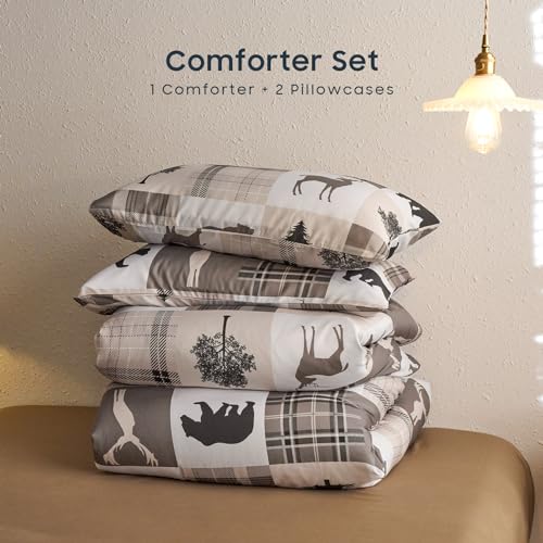 Wake In Cloud - Rustic Comforter Set, Cabin Christmas Lodge Western Country Bear Deer Moose Woodland RV Outdoor Theme, Soft Lightweight Bedding, 3 Pieces, Taupe, Queen Size