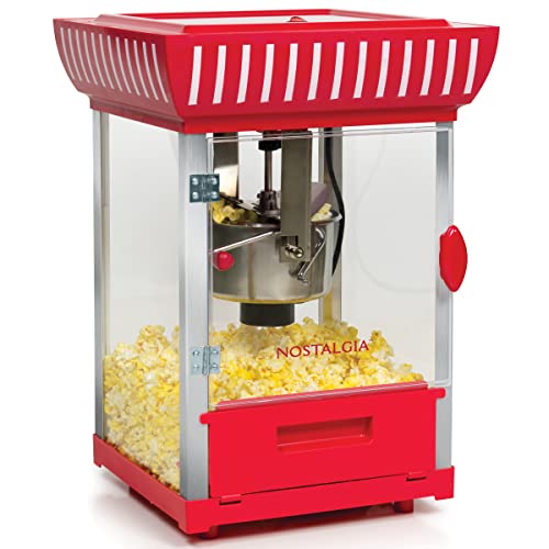 Nostalgia Popcorn Maker Cart, 2.5 Oz Kettle Makes 10 Cups, Retro Classic Popcorn Machine with Interior Light, Measuring Spoons and Scoop, White and Red