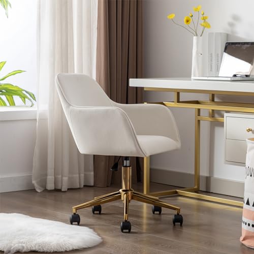 Modern Style Velvet Fabric Material Adjustable Height 360 Revolving Home Office Chair with Gold Metal Legs and Universal Wheels for Home Office, Sturdy and Durable, Easy to Assemble (Beige)