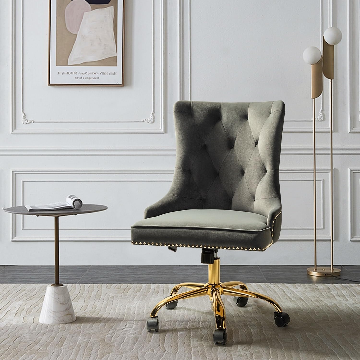 HULALA HOME Adelaida Modern Velvet Adjustable Office Task Chair with Gold Swivel Base by GREY