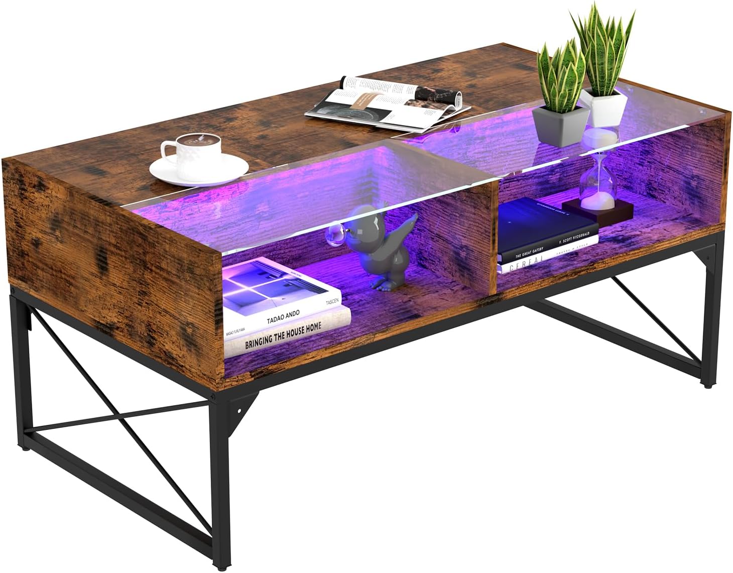 LED Coffee Table, 42Inch Modern Coffee Table with 4 Open Storage Compartments, Half Glass Half Wood, Glass Center Table for living Room, Game Room, Reception Room Office,Rustic Brown