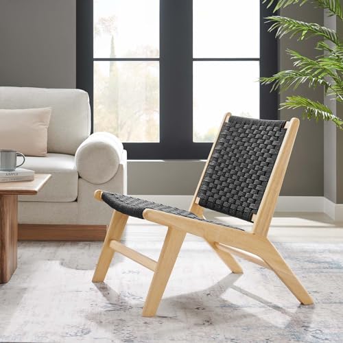 Modway Saoirse Wood Accent Lounge Chair-Woven Rope Seating in Natural Black