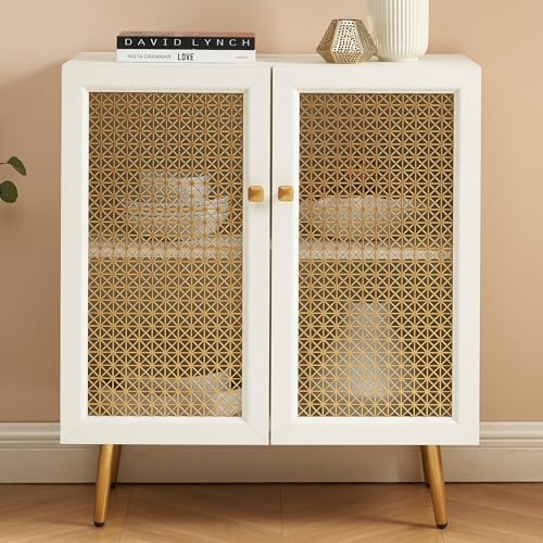 Sideboard Buffet Cabinet with Metal Grid Decorated Doors and LED Light, Side Storage Cabinet for Kitchen, Bar, Dining Room, Hallway 61.7