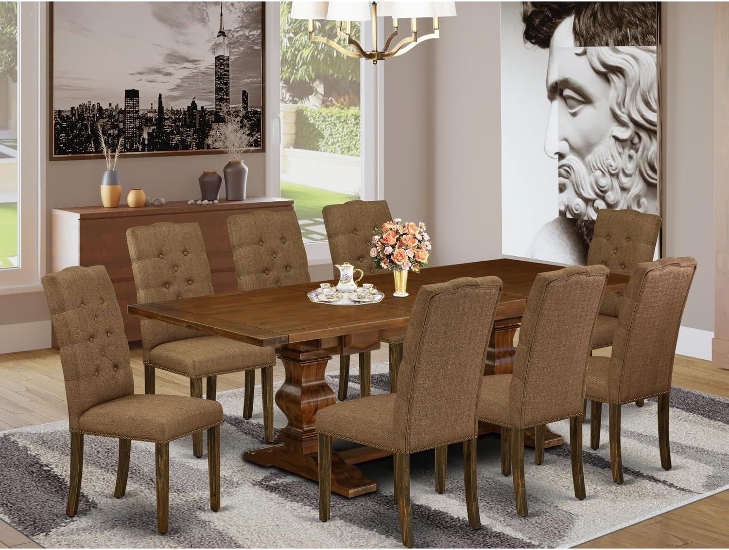 Maykoosh VintageVisions Dining Room Table Set 9-Pc with Chair?S Legs and Brown Beige Fabric Dining Chairs Set of Eight and Table - Antique Walnut and