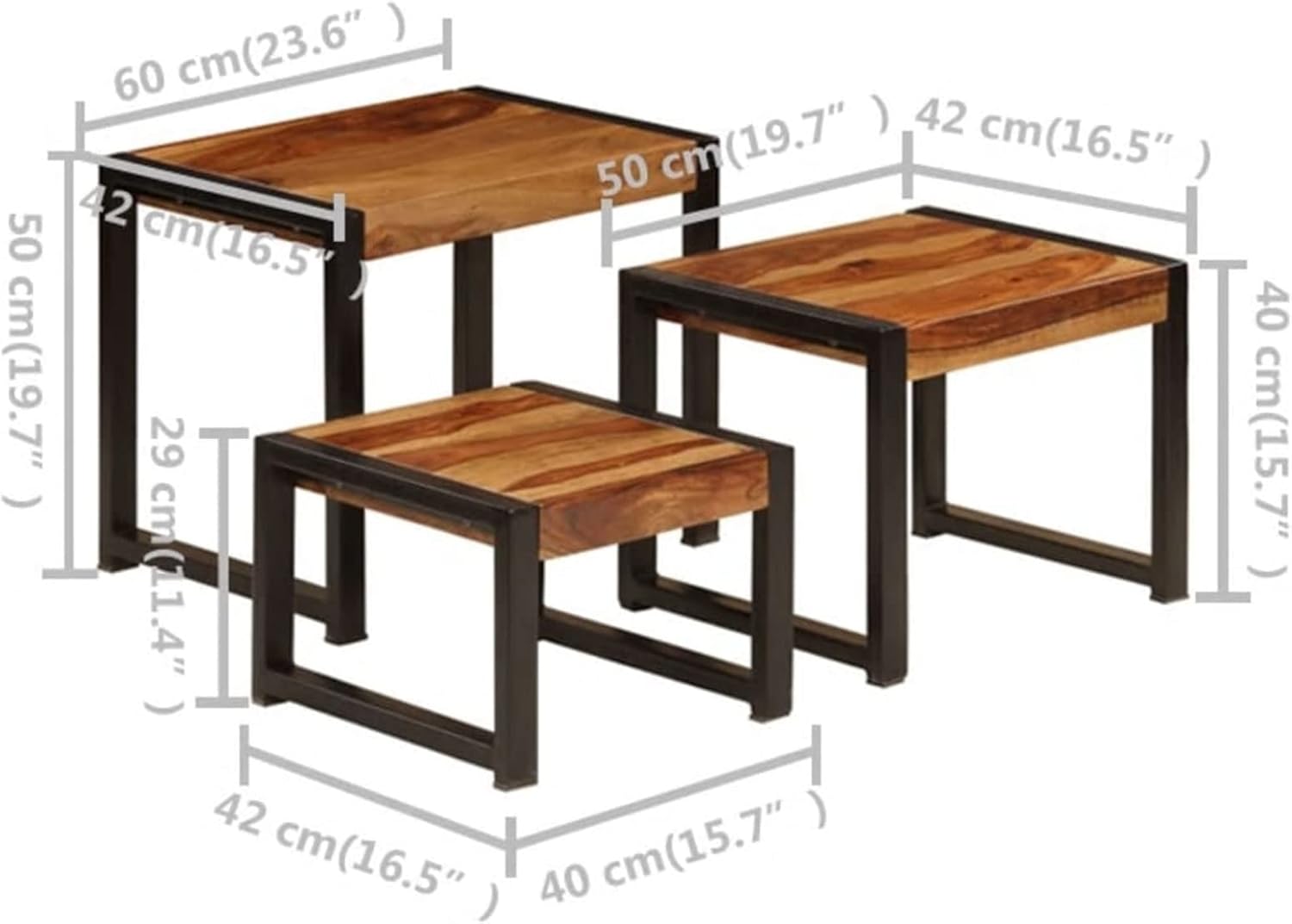 Tidyard 3 Piece Nesting Table Set Sheesham Wood Top Coffee Tables Sofa and Couch End Side Table Steel Legs for Living Room, Bedroom, Home Office Furniture