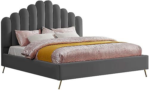 Meridian Furniture Lily Collection Modern | Contemporary Velvet Upholstered Bed with Deep Channel Tufting and Custom Gold Steel Legs, King, Cream