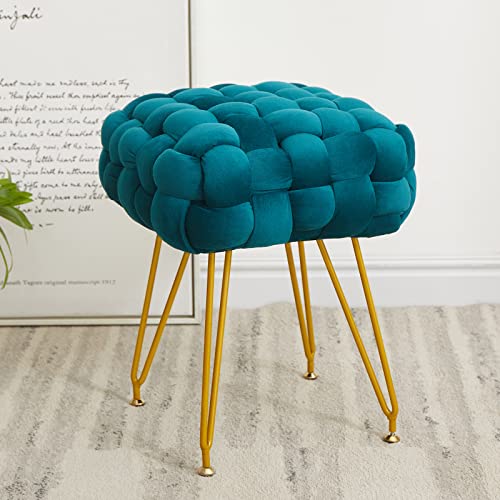 Vanity Stool for Makeup Room, Modern Velvet Vanity Chair with 4 Metal Legs, Ultra Soft Makeup Chair for Vanity, Footstool Ottoman with Anti-Slip Feet for Living Room, Bedroom, White