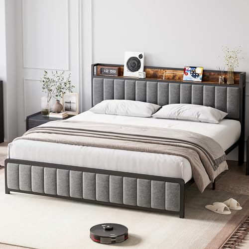 GAOMON Full Bed Frame with Storage Headboard and Charging Station, Upholstered Platform Bed Frame, Solid and Stable, Noise Free, Full Bed Frame No Box Spring Needed, Easy Assembly, Black