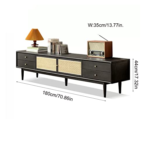 Modern TV Stand Rattan TV Cabinet Living Room Media Entertainment Center Console with 6 Storage Drawers Retro Black TV Stand Storage Cabinets(M-180cm)