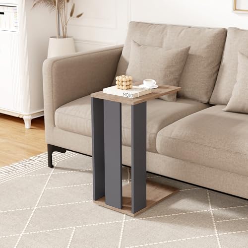 GOFLAME Rolling C-Shaped End Table Set of 2, Mobile Couch Table with Bottom Shelf & 4 Concealed Universal Wheels, 2-Tier Tray Table, Modern, Narrow Side Tables for Living Room, Bedroom, Natural