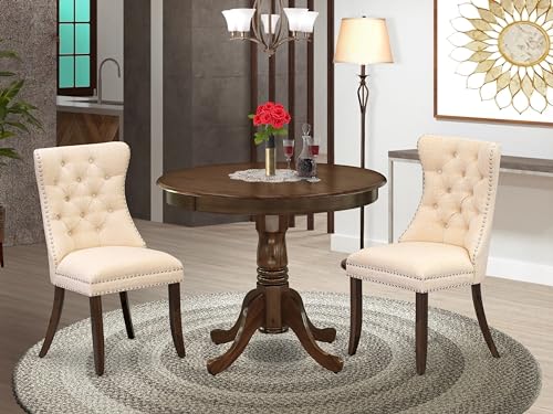 East West Furniture ANDA3-AWA-29 3 Piece Kitchen Set Includes a Round Dining Table with Pedestal and 2 Upholstered Chairs, 36x36 Inch, Antique Walnut